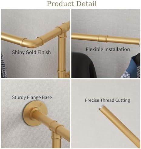 Industrial Pipe Clothing Racks 2 Pack, 36.2In Wall Mounted Clothes Rack, Gold...