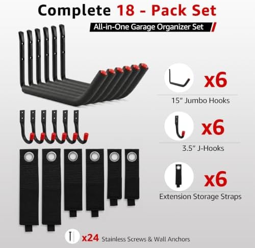 18-Piece Heavy Duty Garage Storage Hooks - 6x15โ Jumbo Garage Hooks with EVA ...