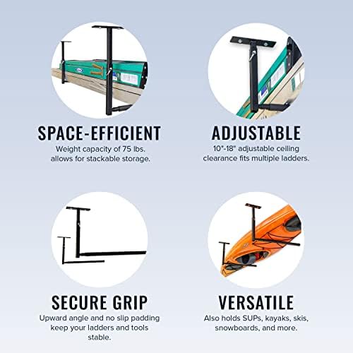 StoreYourBoard Adjustable Overhead Ladder Rack โ Garage Organizer Ladder Shel...