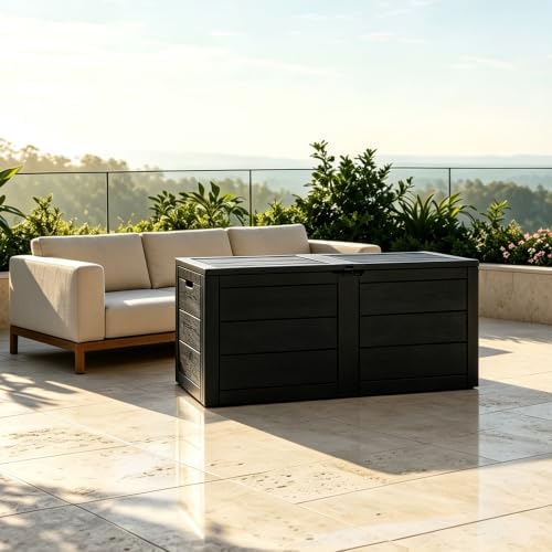 70 Gal Outdoor Storage Box, Waterproof Deck Box for Outdoor Tools, Black