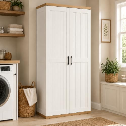 68.9" Wooden Broom Closet Storage Cabinet with Perforated Wood Panel and...