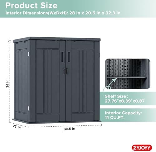 Outdoor Storage Cabinet with 2 Shelves, Waterproof Resin Vertical Tool Shed, ...