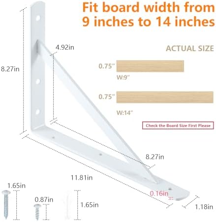 Heavy Duty Shelf Brackets, 12 x 8 Inch White Metal L Brackets, 6 Pack