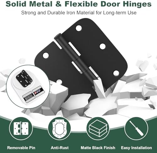 Estmoon 50 Pack 3.5 x 3.5 Inch Rounded Door Hinges Matte Black, 5/8" Rad...