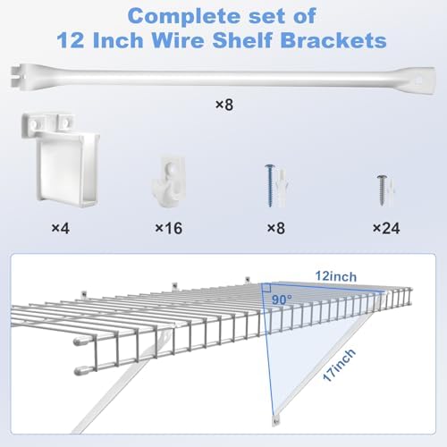 12 Inch Wire Shelf Brackets Set, 8 Pack Metal White Closet Support Bracket wi...
