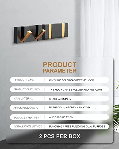 2 Pack,Waterproof Black Gold Wall Hooks,Foldable Towel Hooks for Bathrooms,Co...