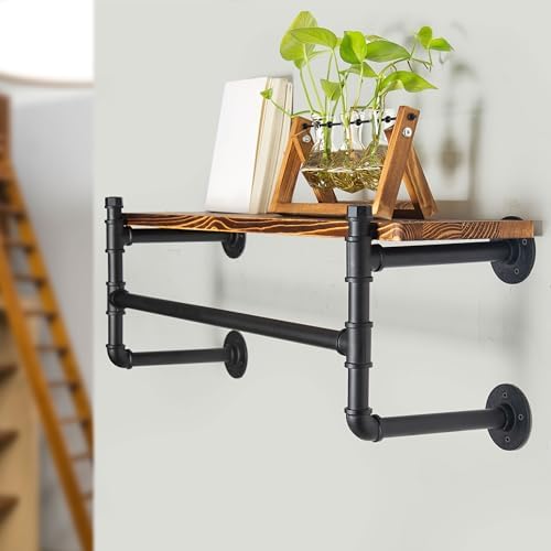 WEBI Wall Mounted Clothes Rack with Shelf,32" Industrial Pipe Clothing R...