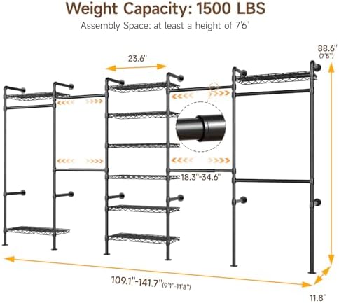 ONBRILL H5 Wall Mounted Closet System, Industrial Pipe Clothes Rack, Black