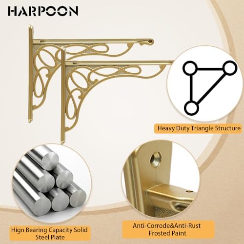 Wall Shelf Bracket, Heavy Duty and Hardware Included, 2 Pack, Brushed Gold Fi...