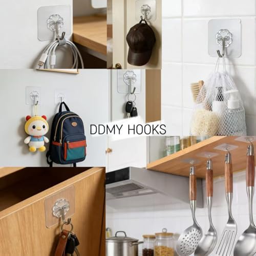 DDMY 100 Pack Heavy Duty Self Adhesive Hooks 50 lbs Transparent Reusable Stic...