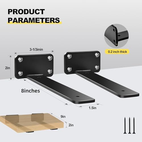 12 Pack - 8 inch Black Hidden L Shelf Bracket (1/5 Inch Thicked) Iron Floatin...