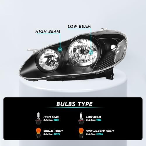 TUSDAR Headlight Assembly Replacement for Toyota Corolla 2003 2004 2005 2006 ...