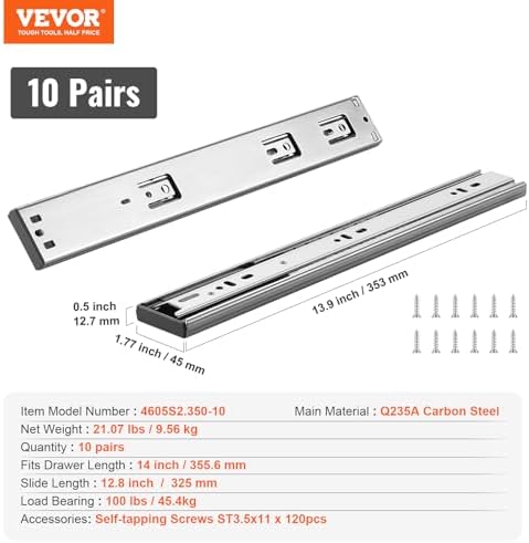 VEVOR Soft Close Drawer Slides 10 Pairs 14 Inch, Heavy Duty Full Extension Si...