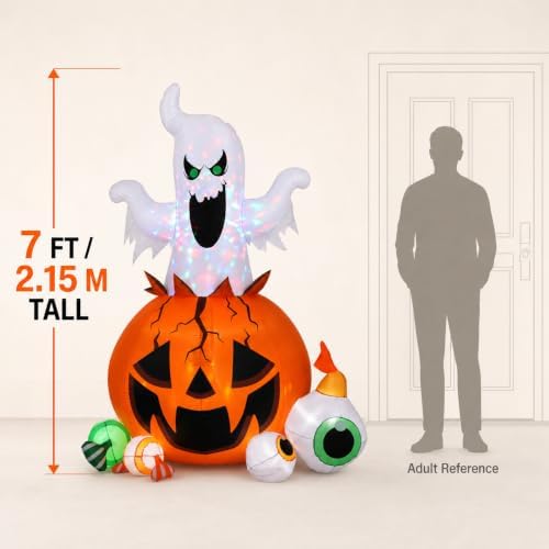 8FT Halloween Inflatable Ghost Pumpkin with Colorful LED Lights Yard Decor