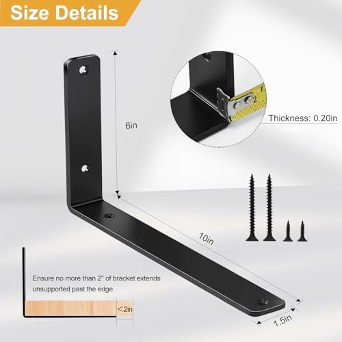 12 Pack - L 10" x H 6" x W1.5, 5mm Thick Black L Shelf Bracket, Iro...