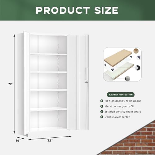 Greenvelly White Metal Storage Cabinet for Garage, 72โ Steel Locking Cabinet ...