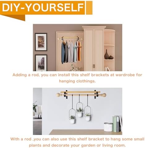 EZYDECOR Closet Rod Bracket Shelf Brackets with Hook Black 10 Inch 6 Pack