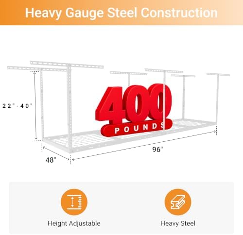 2x8ft Overhead Ceiling Garage Storage Rack, 400LBS Capacity, White