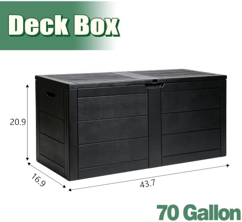 70 Gal Outdoor Storage Box, Waterproof Deck Box for Outdoor Tools, Black