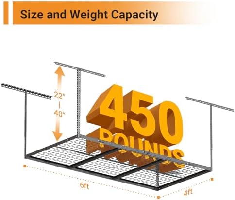 4x6ft Overhead Ceiling Garage Storage Rack, 450LBS Capacity, Black