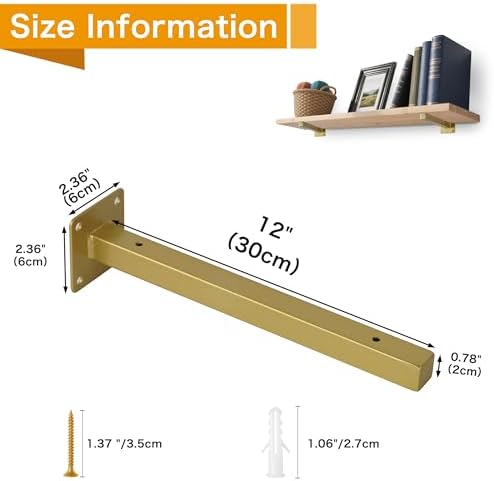 EZYDECOR 6 Pcs Gold Shelf Brackets Heavy Duty Brackets for Shelves 12 Inch
