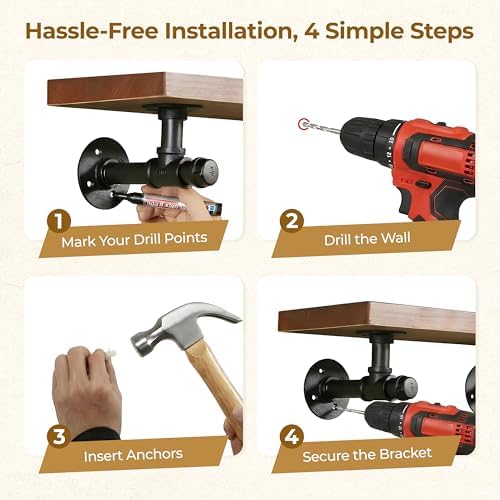Industrial T Pipe Shelf Brackets for 6-12 in Depth Wood,6.7In 6 Pack