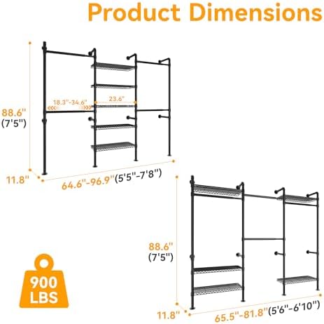 Higeego W3 Wall Mounted Clothes Rack, Industrial Pipe Clothing Rack, Black