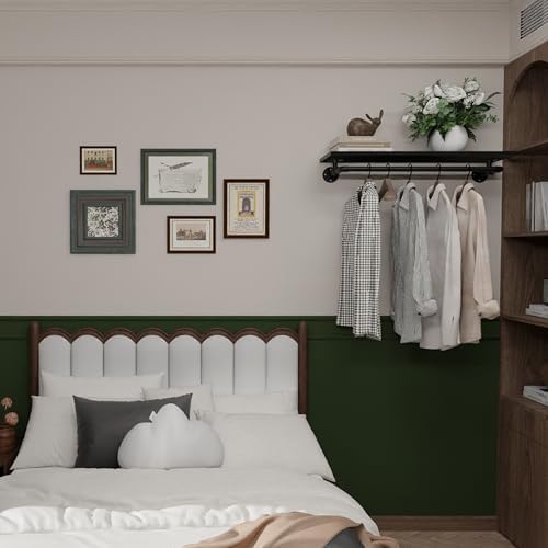 Black Clothes Rack 36in, Wall Mounted Garment Rack with Black Real Wood Shelf...