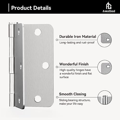 Door Hinges Brushed Nickel - 12 Pack 3.5 Inch Rounded Interior Satin Nickel w...