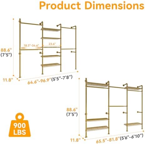 Higeego W3 Wall Mounted Clothes Rack, Industrial Pipe Clothing Rack, Gold