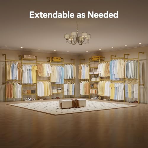 Higeego W5 Industrial Pipe Clothes Rack, Heavy Duty Clothing Rack, Gold