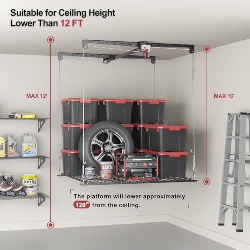 Overhead Garage Storage Rack for 10โ12 FT Ceiling, Heavy-duty 4x4 FT Ceiling ...