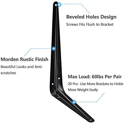 20 Pack Shelf Brackets 12 inches, Heavy Duty Black Iron Metal Floating Shelf ...
