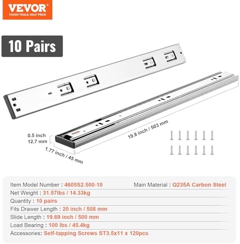 VEVOR Soft Close Drawer Slides 10 Pairs 20 Inch, Heavy Duty Full Extension Si...