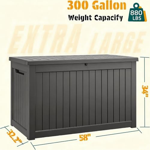 300 Gal Deck Box,Outdoor Storage Box Waterproof Lockable,Gas Lift,Black