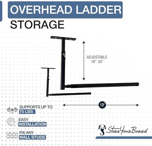 StoreYourBoard Adjustable Overhead Ladder Rack โ Garage Organizer Ladder Shel...