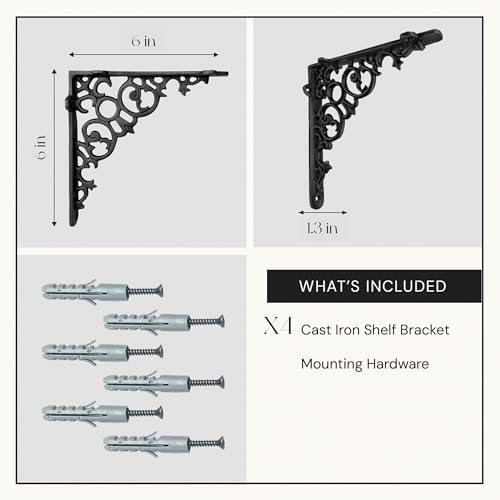 NACH Decorative Shelf Brackets, 4 Pack of 6 x 1.3 x 6 inch, Black Cast Iron S...