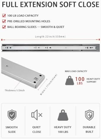 Soft Close Drawer Slides 22 Inch Side Mount 1 Pair, Heavy Duty Drawer Slides ...
