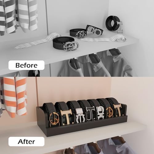 Belt Storage Organizer Box - 7 Grids Bamboo Belt Organizer for Closet | Woode...
