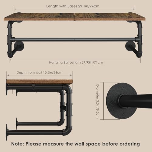 Clothes Rack Wall Mounted, 29.1in Shelf with Hanging Rod, Industrial Pipe Clo...