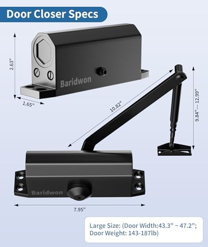 Door Closer, Adjustable Hydraulic Speed, Soft Close, Black, Large