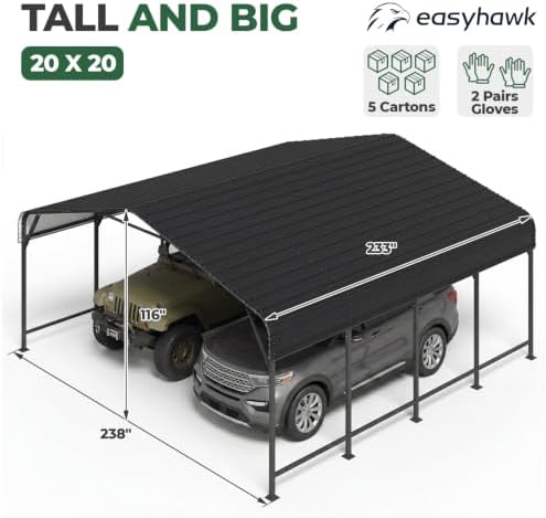 20x20 FT Metal Carport, Outdoor Heavy Duty 2 Car Carport with Reinforced Galv...