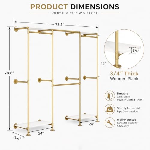 KaKaBB Industrial Pipe Clothing Rack with Shelves, Wall Mounted Gold Corner C...