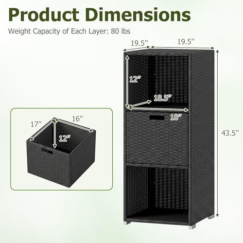 HAPPYGRILL Outdoor Storage Cabinet PE Rattan Wicker Storage Shed Organizer wi...