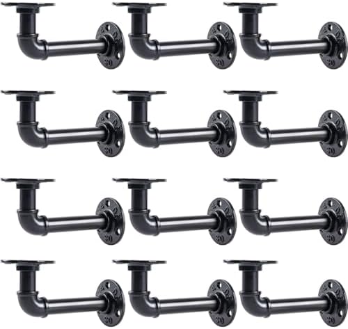 L-Shaped Industrial Pipe Shelf Brackets, Black Metal Wall-Mounted Floating Sh...