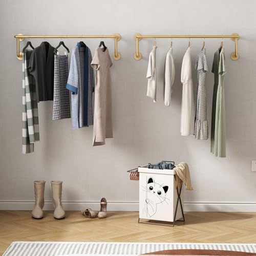 Industrial Pipe Clothing Racks 2 Pack, 36.2In Wall Mounted Clothes Rack, Gold...