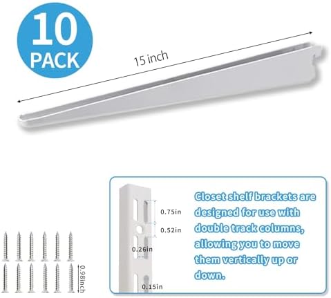 15-Inch Adjustable Double-Track Wire Shelf Brackets, 10 Pack, White