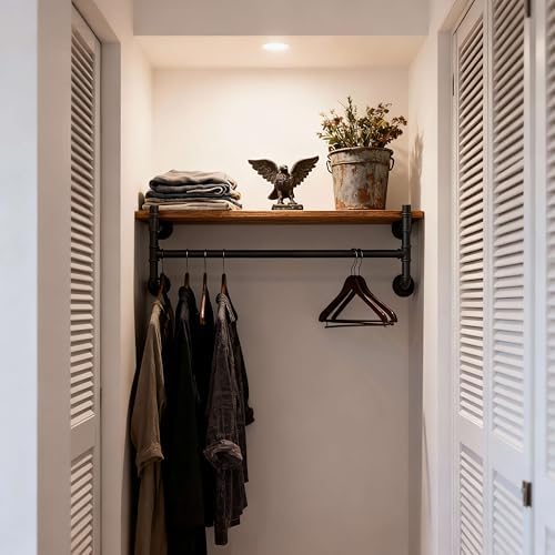 WEBI Wall Mounted Clothes Rack with Shelf,30" Industrial Pipe Clothing R...