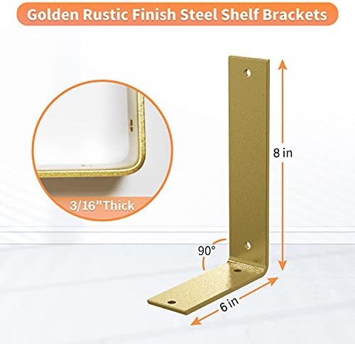Gold Heavy Duty Shelf Brackets 8 Inch, Extra Thick L Shelving Brackets, Rusti...