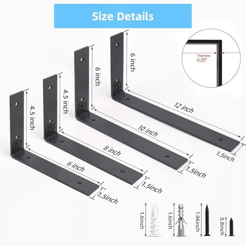 6-Pack Heavy Duty 10-Inch Black Shelf Brackets, L Shelf Bracket 10 Inch for F...
